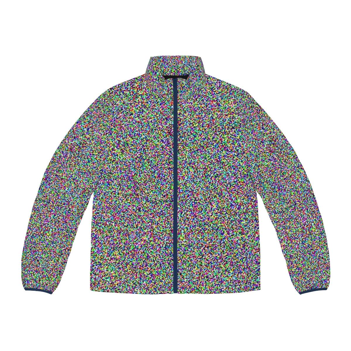 Retro white noise puffer jacket with static and glitch effects