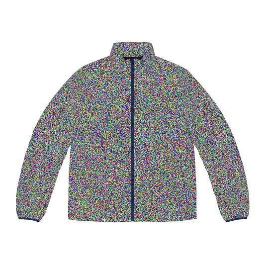 Retro white noise puffer jacket with static and glitch effects