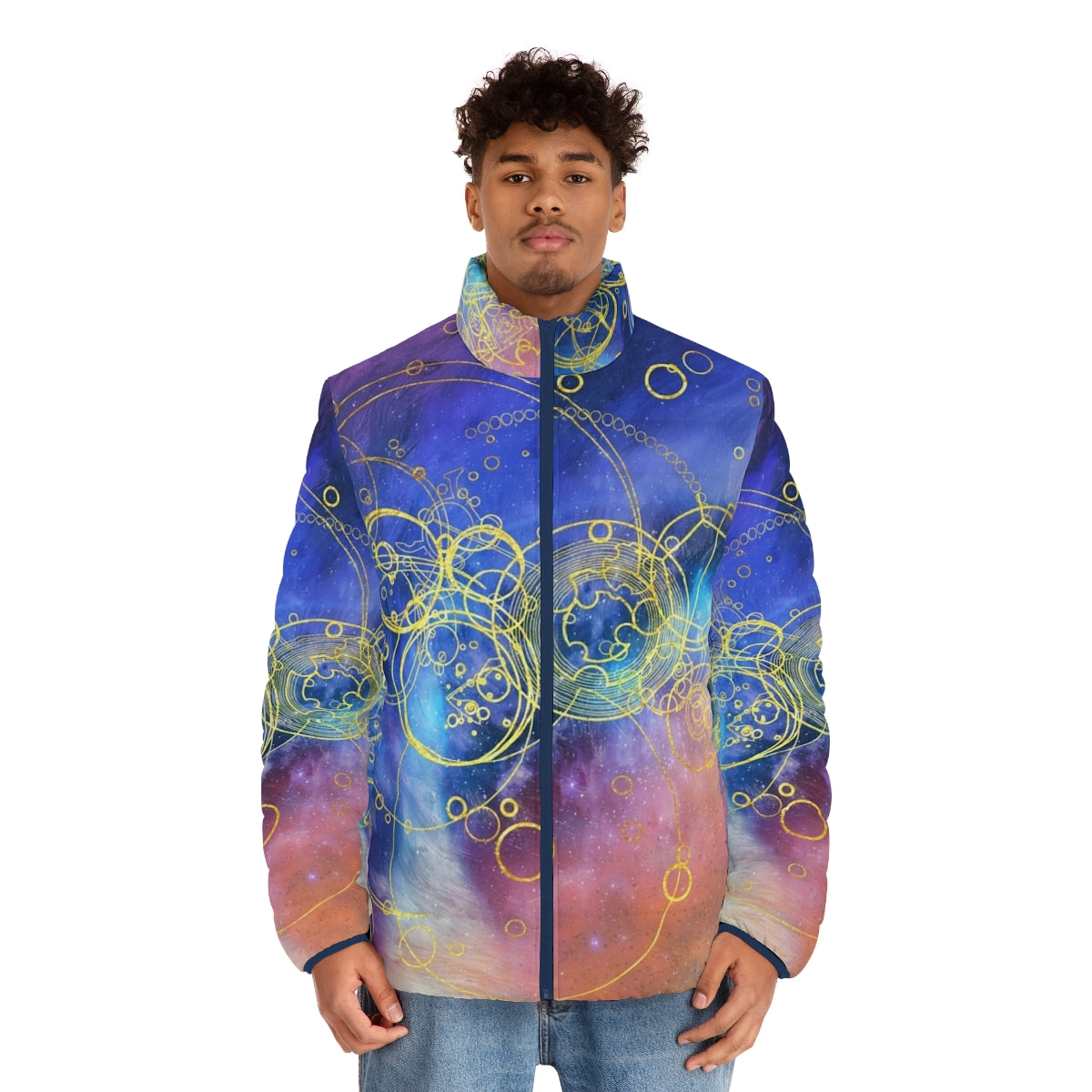 Puffer jacket featuring swirling vortex hues and Gallifreyan symbols, a must-have for Doctor Who fans. - men front