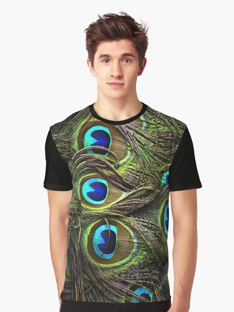 Colorful graphic t-shirt featuring a vibrant peacock feather design - Men