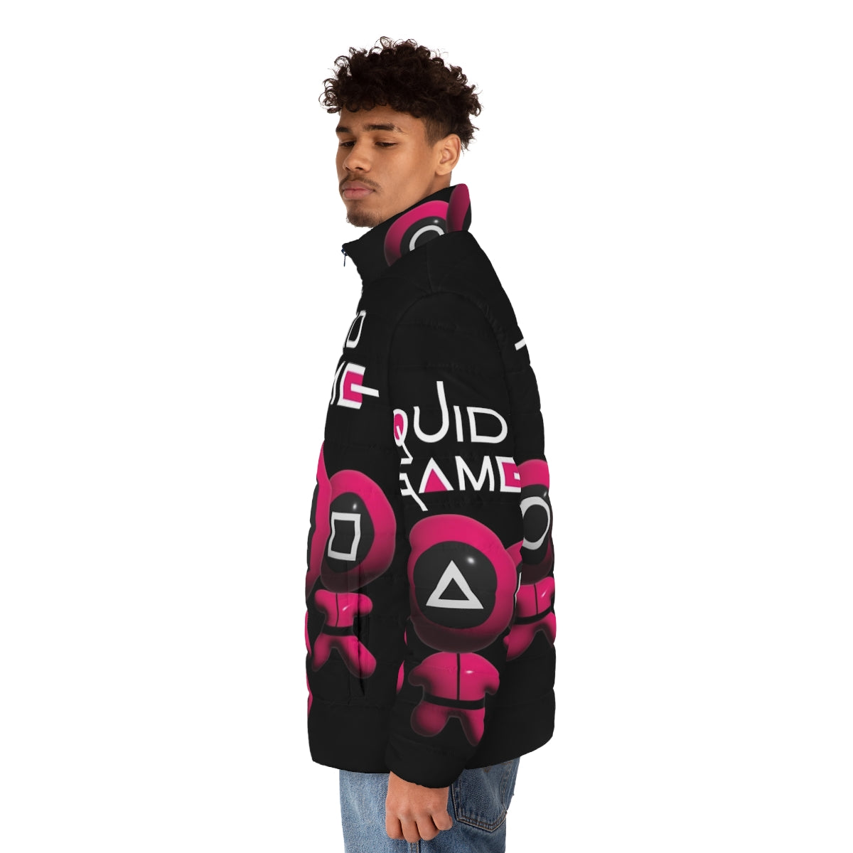 Squid Game fan art puffer jacket with various character symbols and graphics - men side left