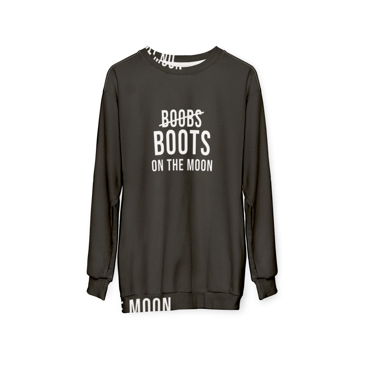 Black sweatshirt with "Boots On The Moon" design, inspired by Netflix's Space Force - hanging