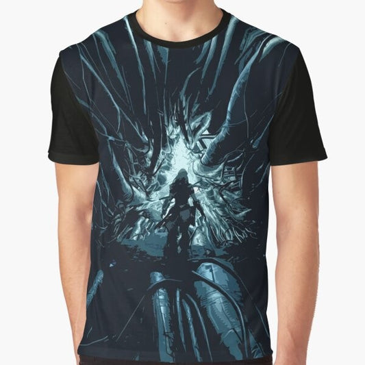 Horizon Zero Dawn Cauldron Graphic T-Shirt featuring Aloy and futuristic robotic elements