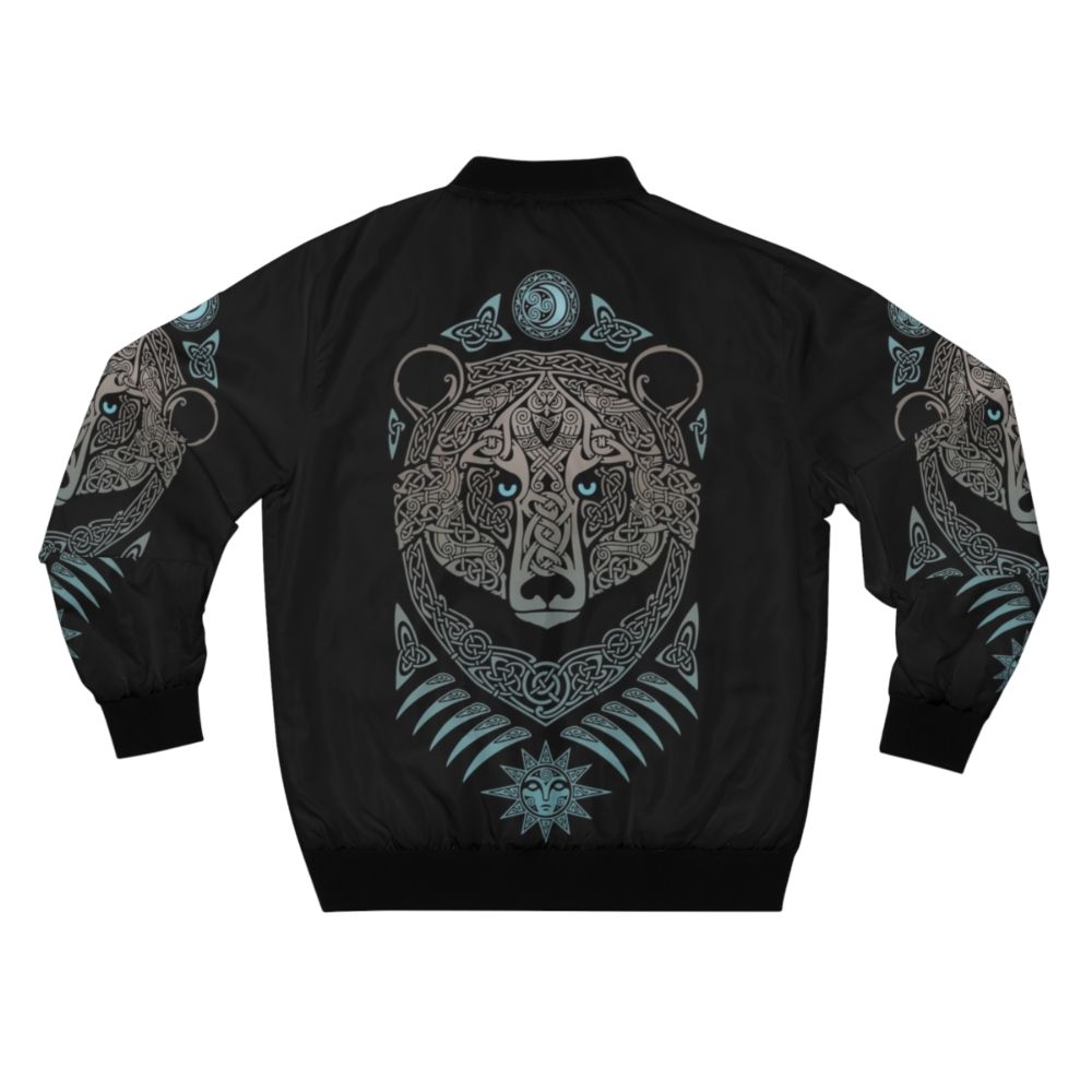 Forest Lord Scandinavian Mythology Bomber Jacket featuring Nordic symbols, bear, and night sky imagery - Back