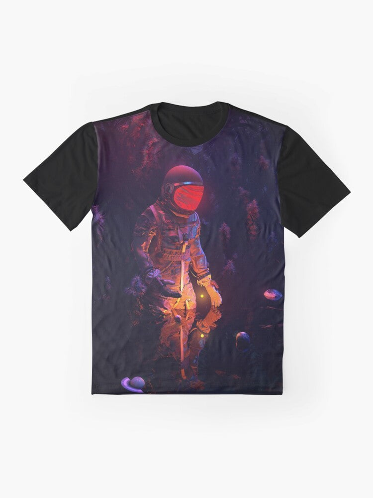 Stellar space graphic t-shirt featuring a cosmic, surreal design with planets, stars, and a celestial landscape. - Flat lay