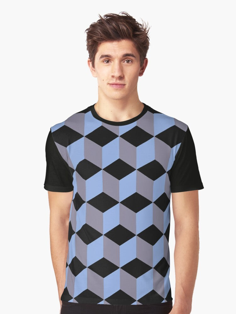 Isometric geometric art graphic t-shirt with blue, lilac, and black isometric cube pattern - Men