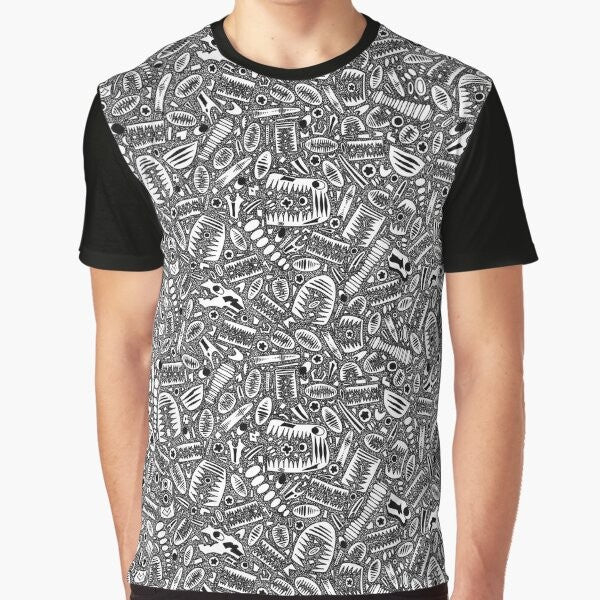 Crinoid fossil pattern graphic t-shirt with an 18th century ink drawing design