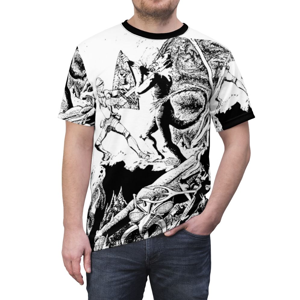 Retro fantasy t-shirt design featuring a paladin character in a demonic setting, inspired by classic Dungeons & Dragons art. - men front