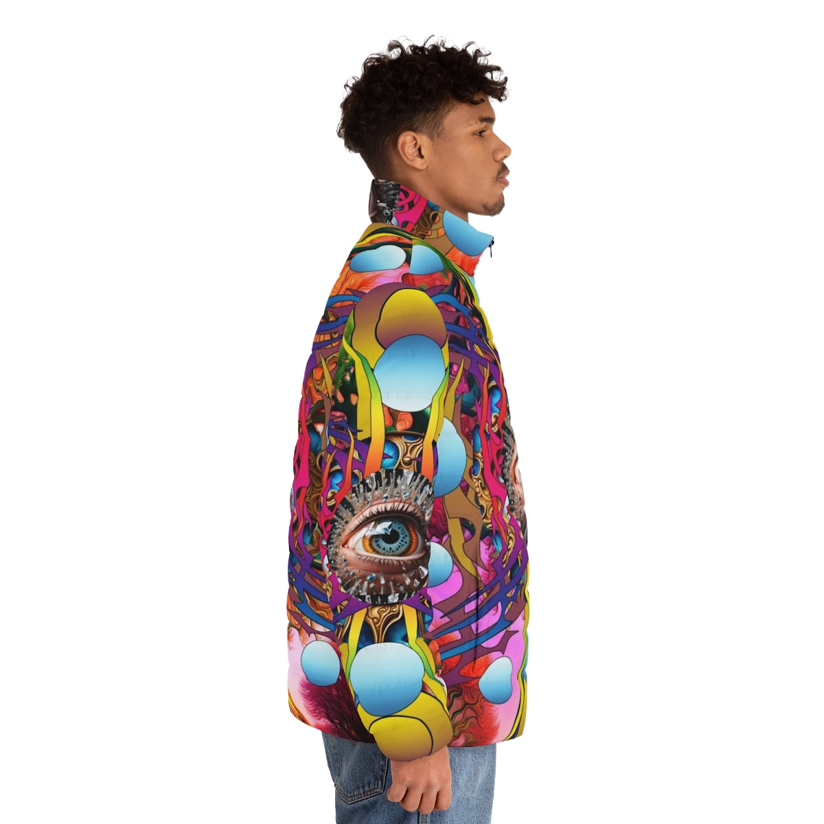 Cosmic Tree Puffer Jacket with abstract, psychedelic nature design - men side right