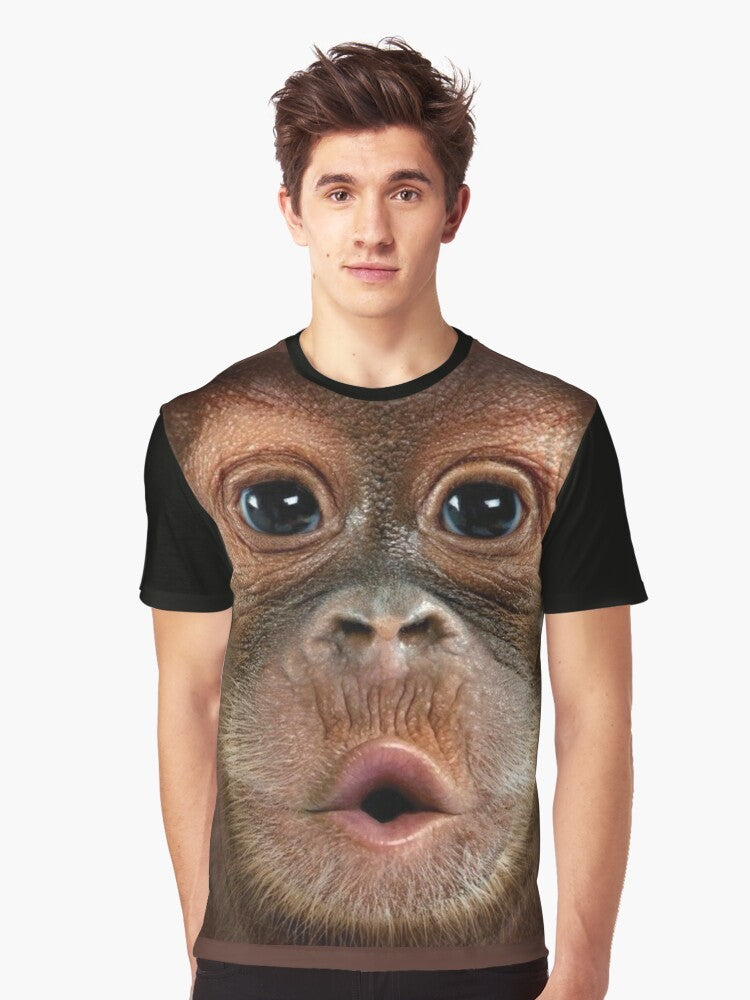 Hyper realistic illustration of a baby orangutan monkey on a graphic t-shirt - Men