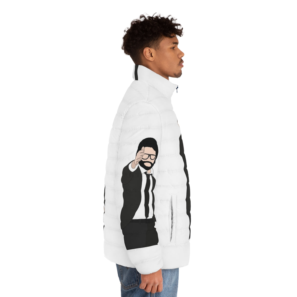 The Professor Money Heist 2 Puffer Jacket featuring characters from the Netflix series - men side right