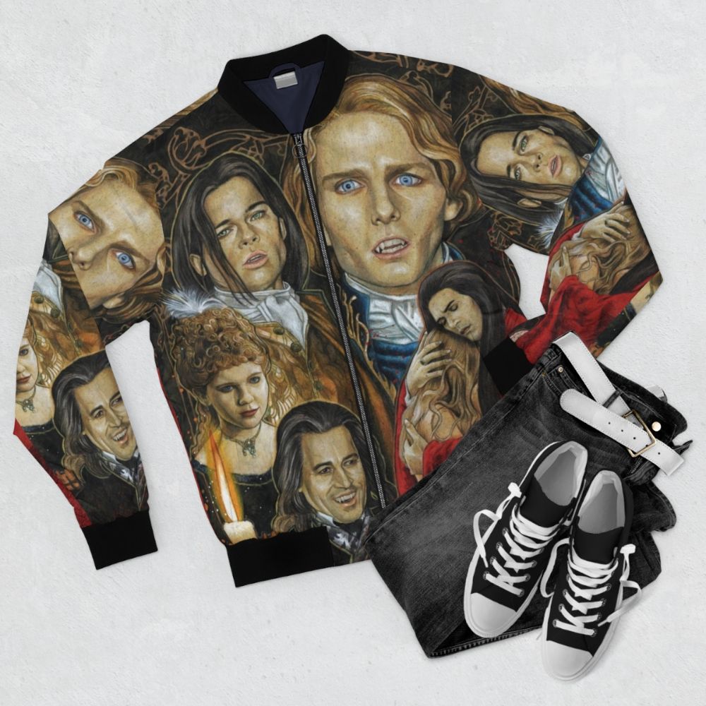 A bomber jacket inspired by the classic movie "Interview with the Vampire", featuring a vampire-themed design. - Flat lay