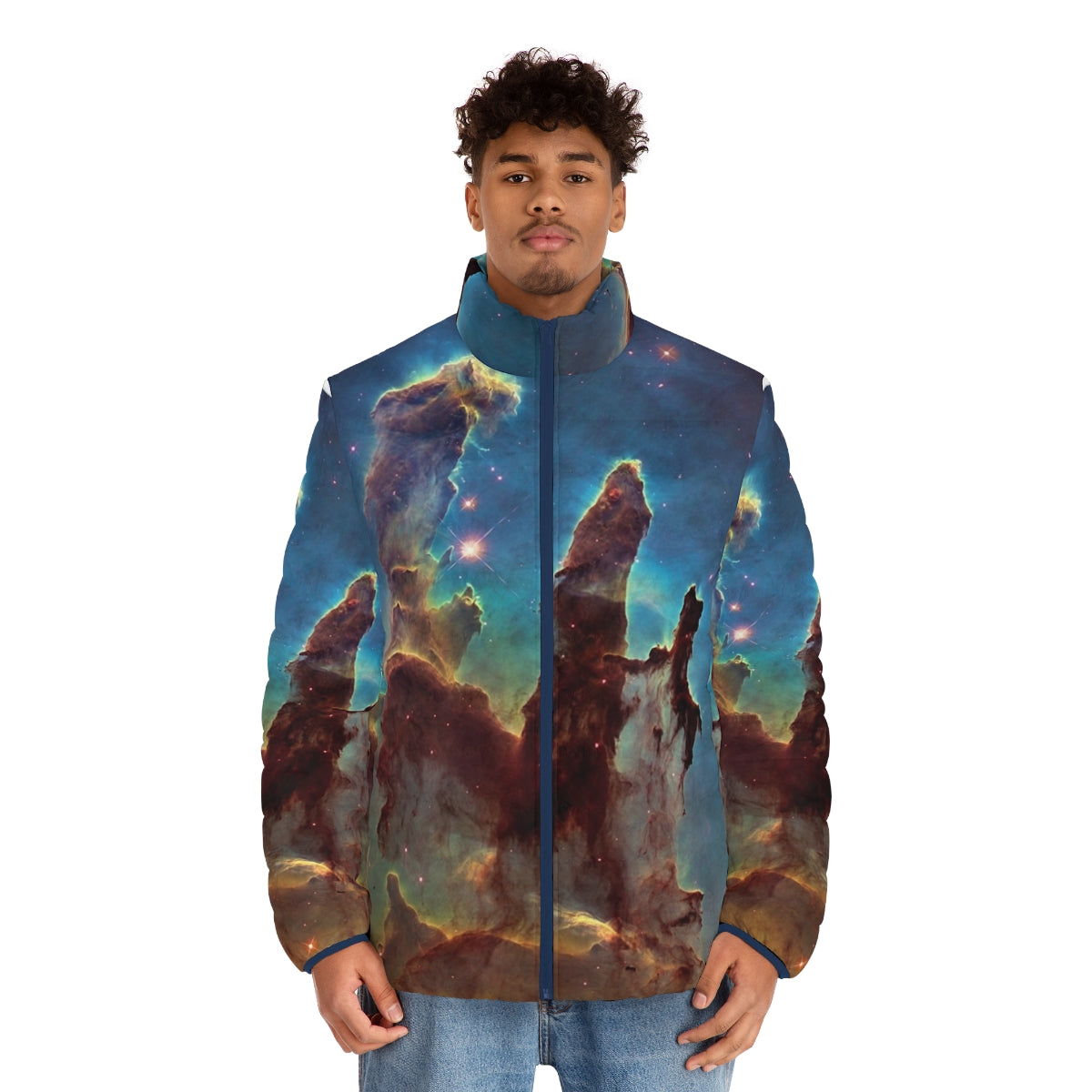 Pillars of Creation puffer jacket with space and astronomy design - men front