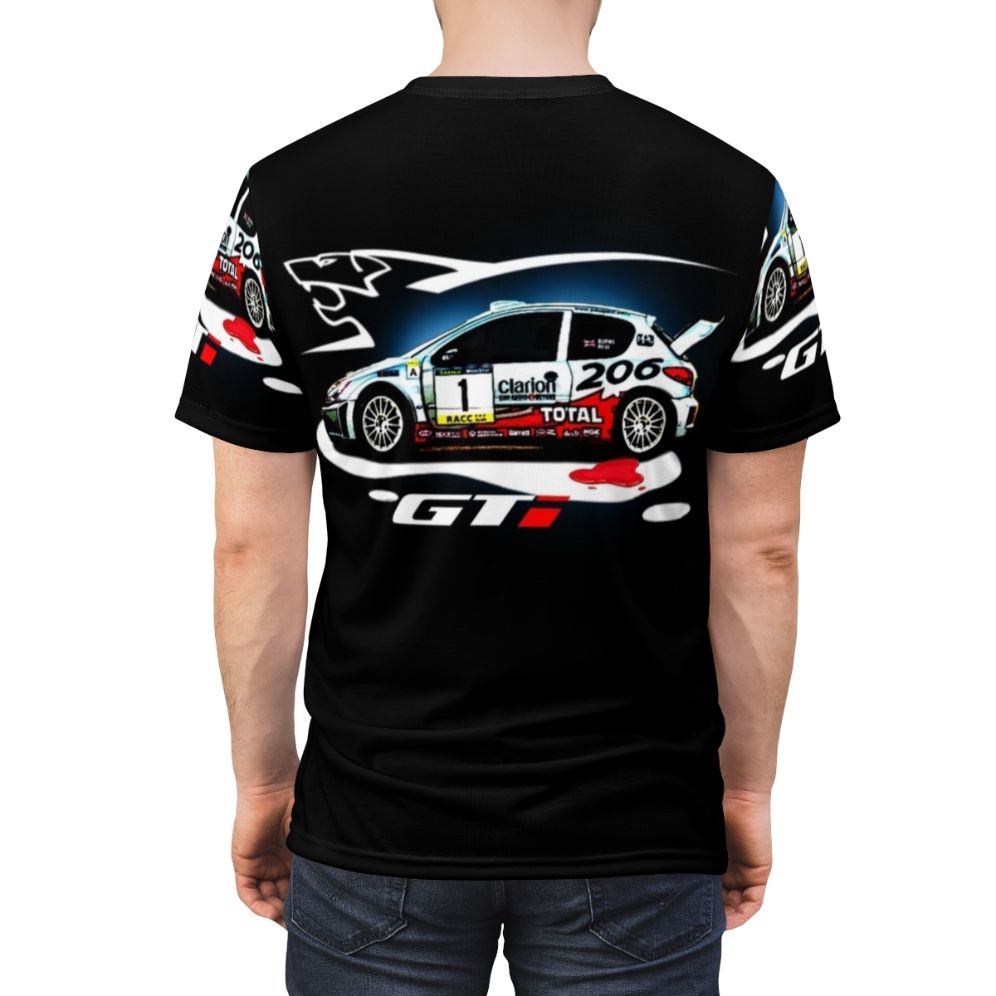 Peugeot 206 racing car silhouette graphic on a high-quality t-shirt - men back