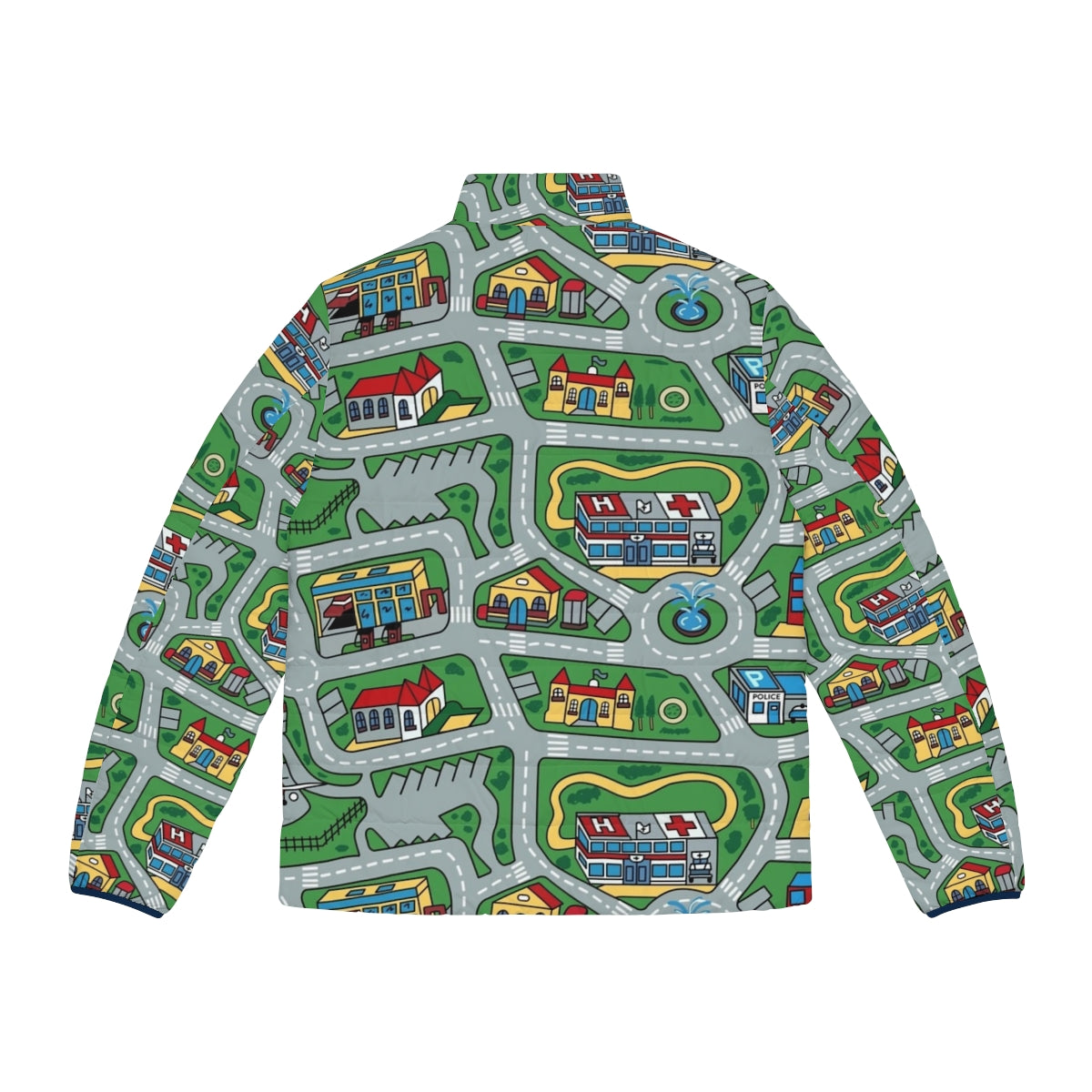 A 90s-inspired puffer jacket with a nostalgic toy car and city carpet road rug design - Back