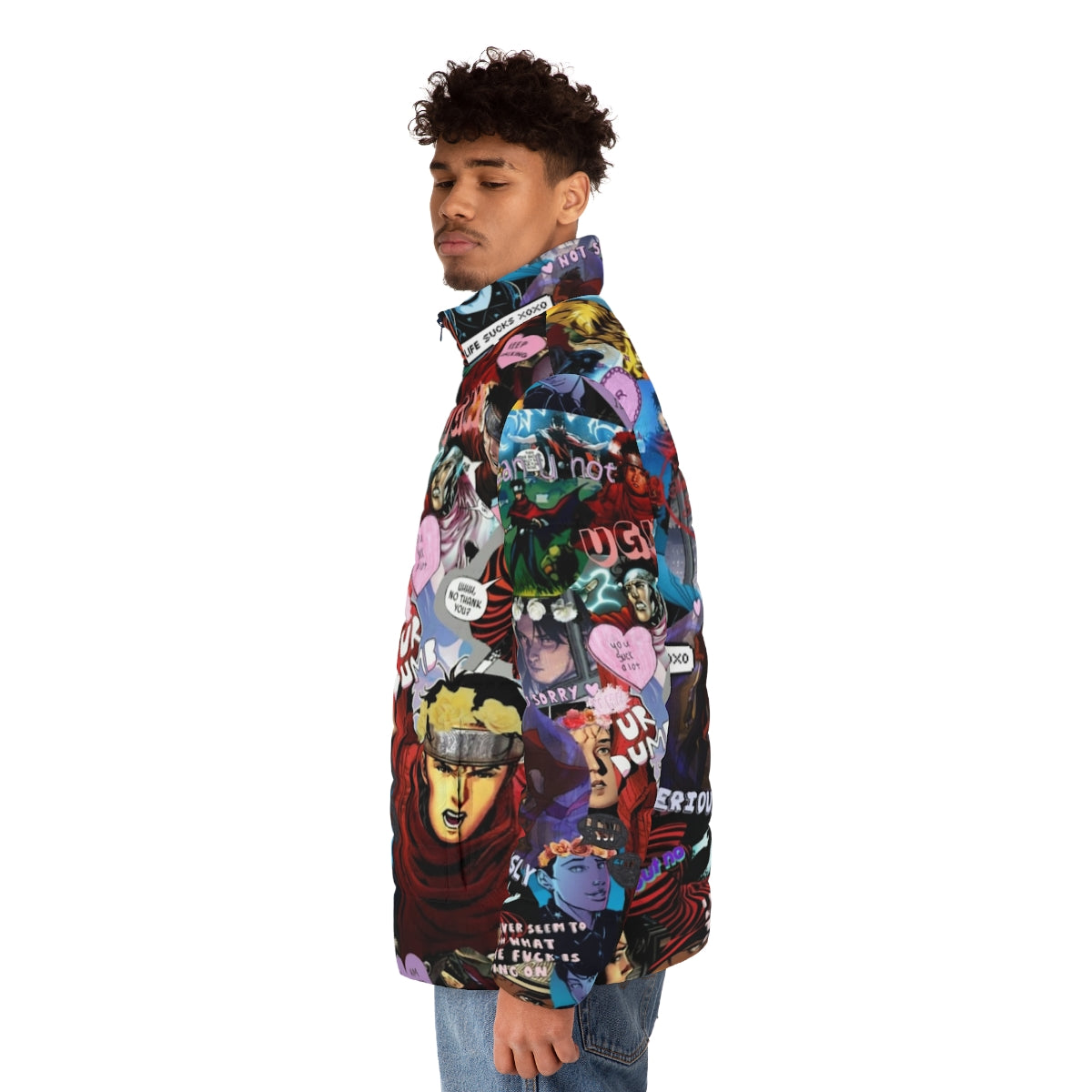 Marvel's Wiccan puffer jacket featuring a collage design for Young Avengers fans - men side left