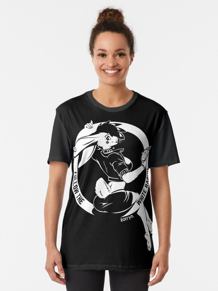 Alice in Wonderland-inspired graphic t-shirt with a white rabbit design on a black background - Women