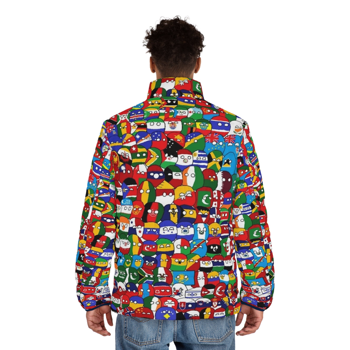 Puffer jacket with colorful countryball designs representing the globe and world countries - men back