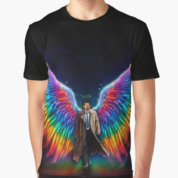 Castiel from Supernatural TV show graphic t-shirt with rainbow pride colors