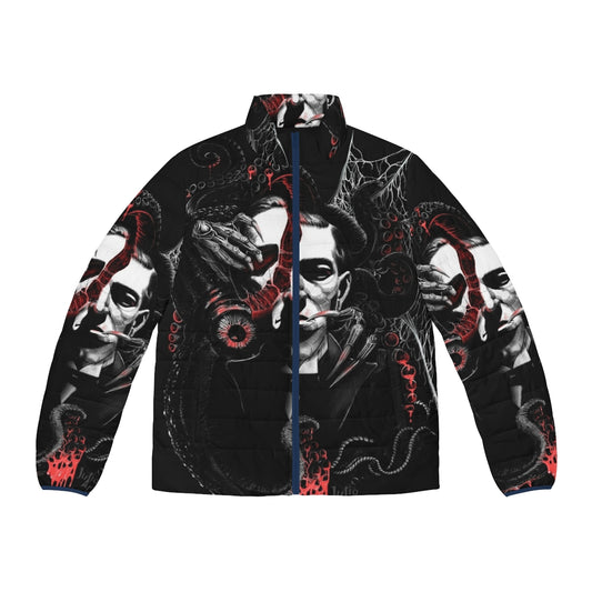 Lovecraft fanart puffer jacket featuring Cthulhu and H.P. Lovecraft's mythos