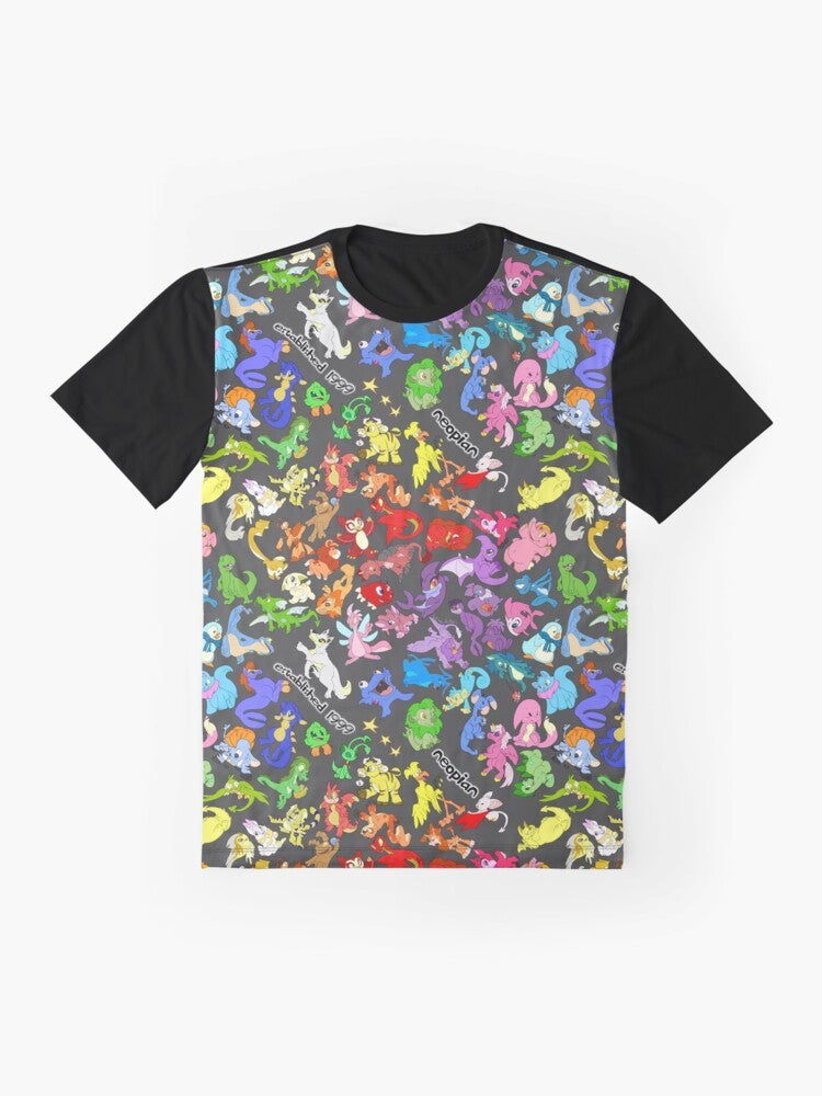 Neopets characters all over a graphic t-shirt - Flat lay