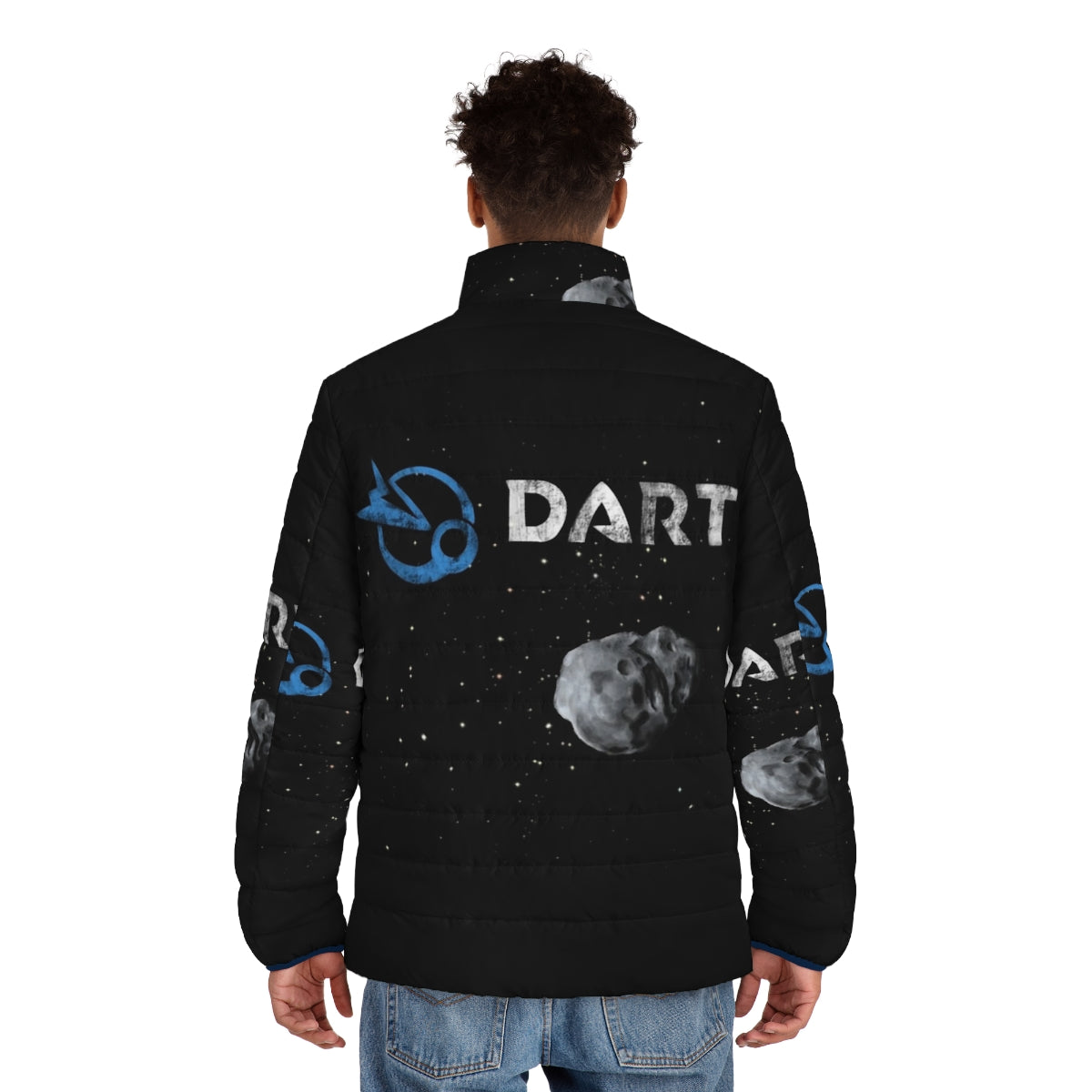 Illustration of Nasa's Dart mission puffer jacket with space and asteroid design - men back