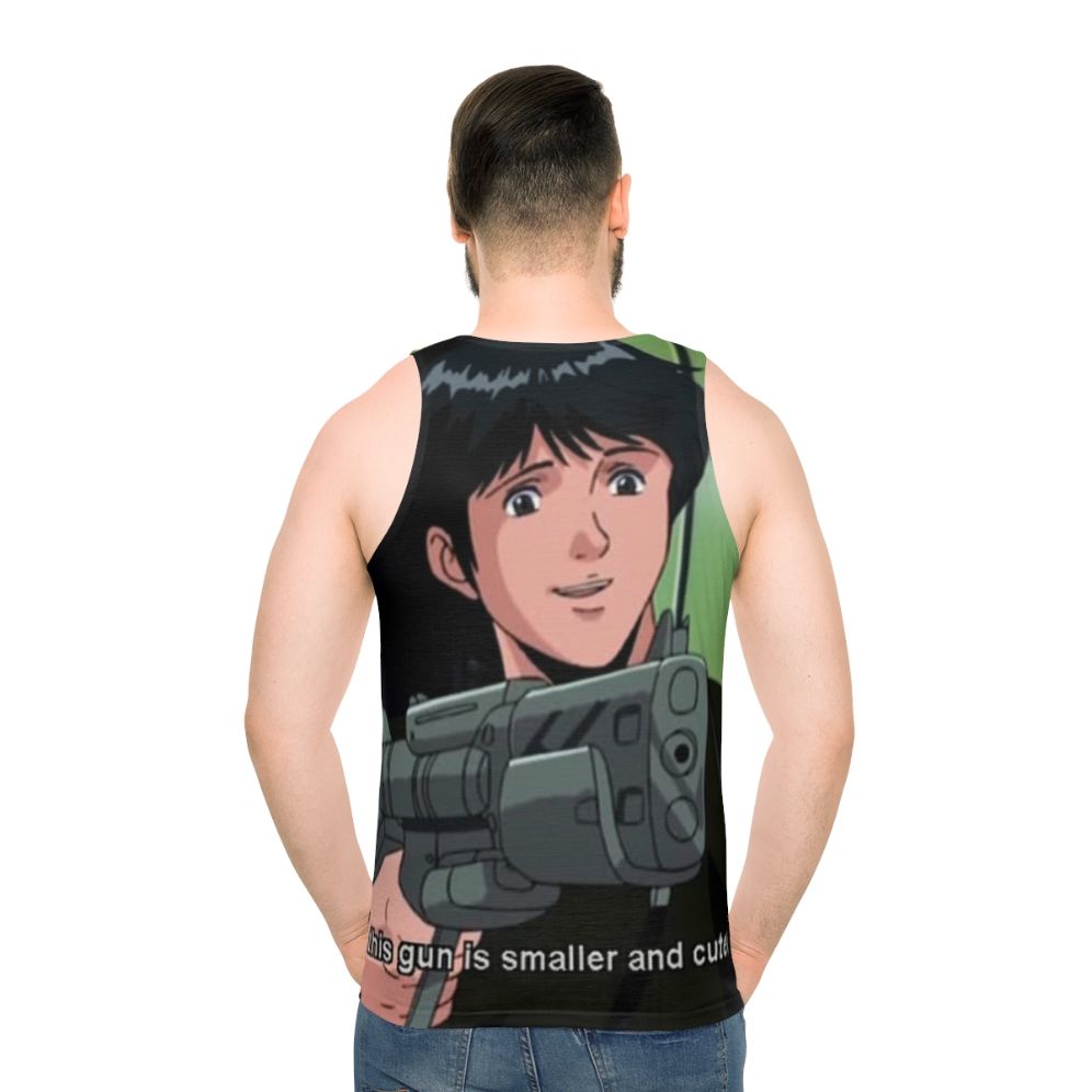 Unisex Anime-Inspired Military Tank Top with Gun Meme - men back