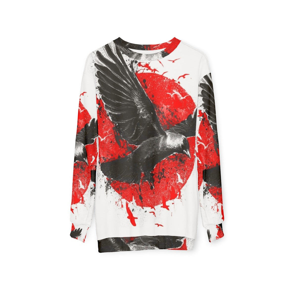 Unique red sweatshirt with bird and moon design - hanging