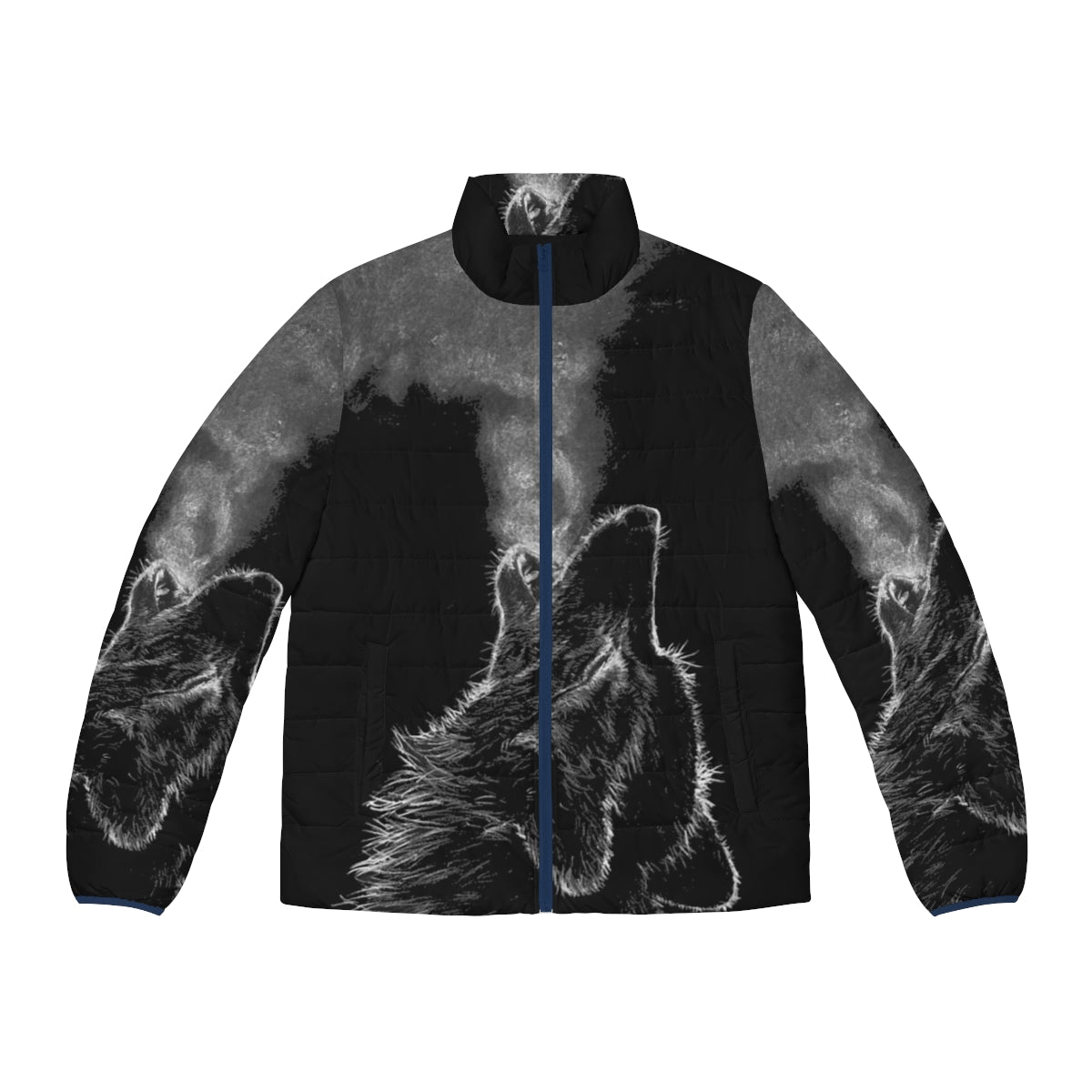 A black and white wolf puffer jacket with a furry hood and animal print design