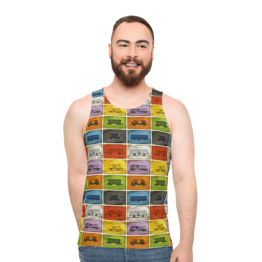 Retro gaming unisex tank top with Ticket to Ride the Trains design - men