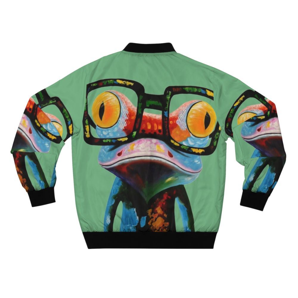 Colorful bomber jacket featuring a hipster frog wearing nerd glasses - Back