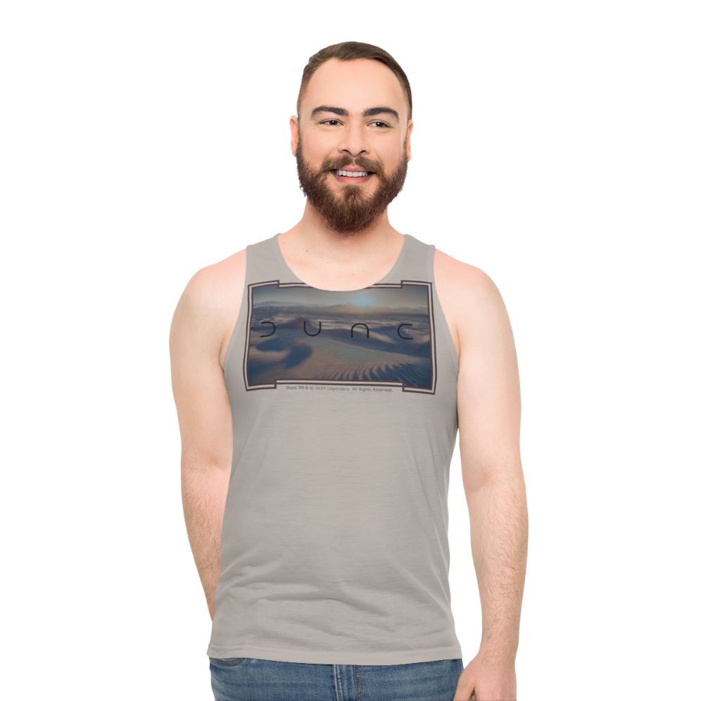 Dune-inspired unisex tank top with a greyish beige background - men