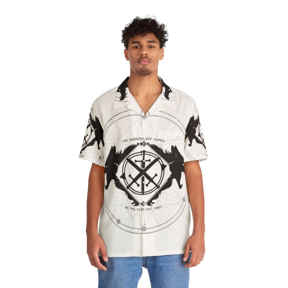 Destiny inspired "Strength of the Wolf" black and white Hawaiian shirt - People Front