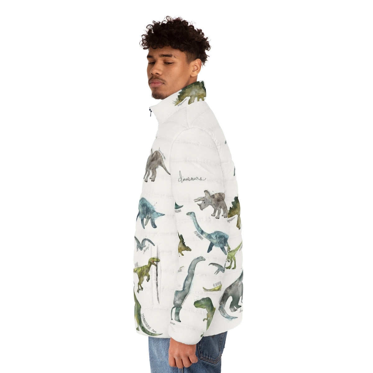 Dinosaur-printed puffer jacket with educational design - men side left