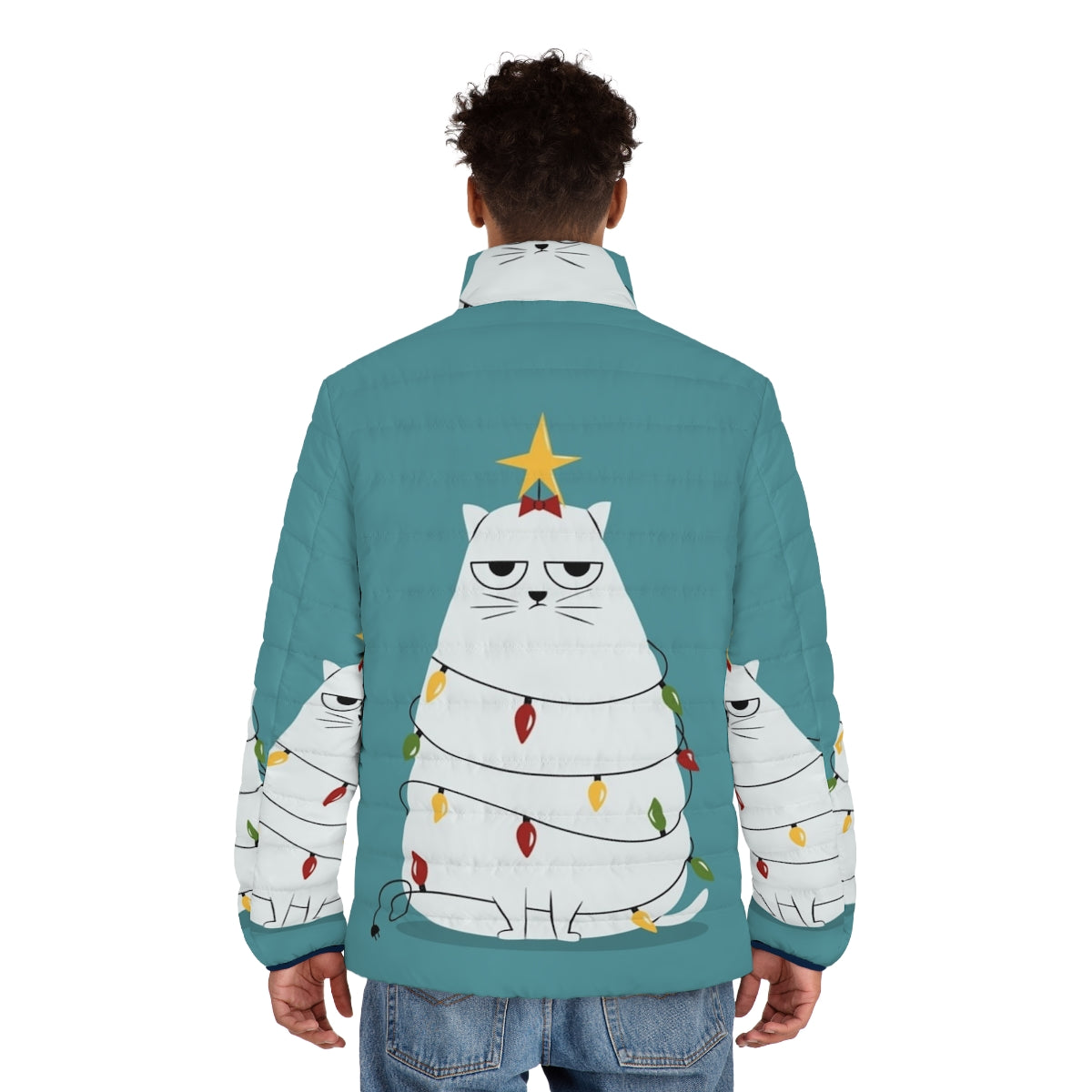 Grumpy Christmas cat puffer jacket with cartoon design - men back