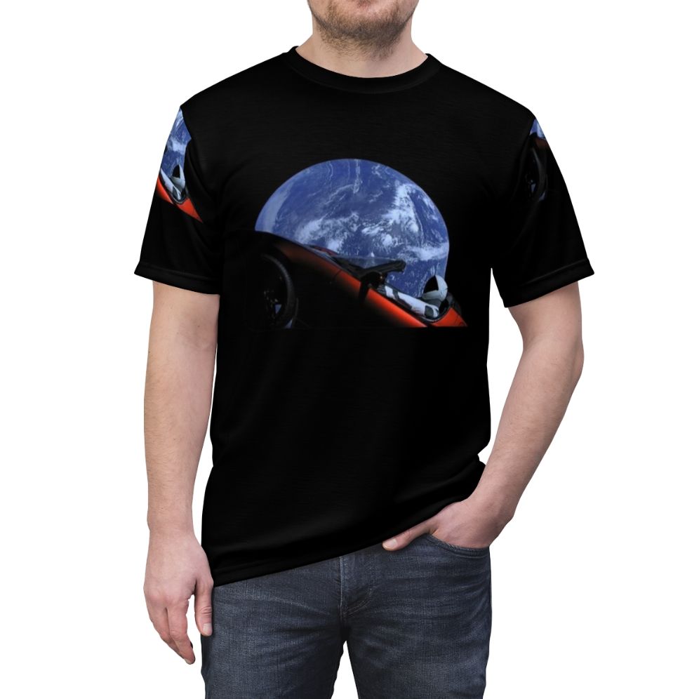 Starman in Tesla Roadster floating in space, custom printed t-shirt design - men front