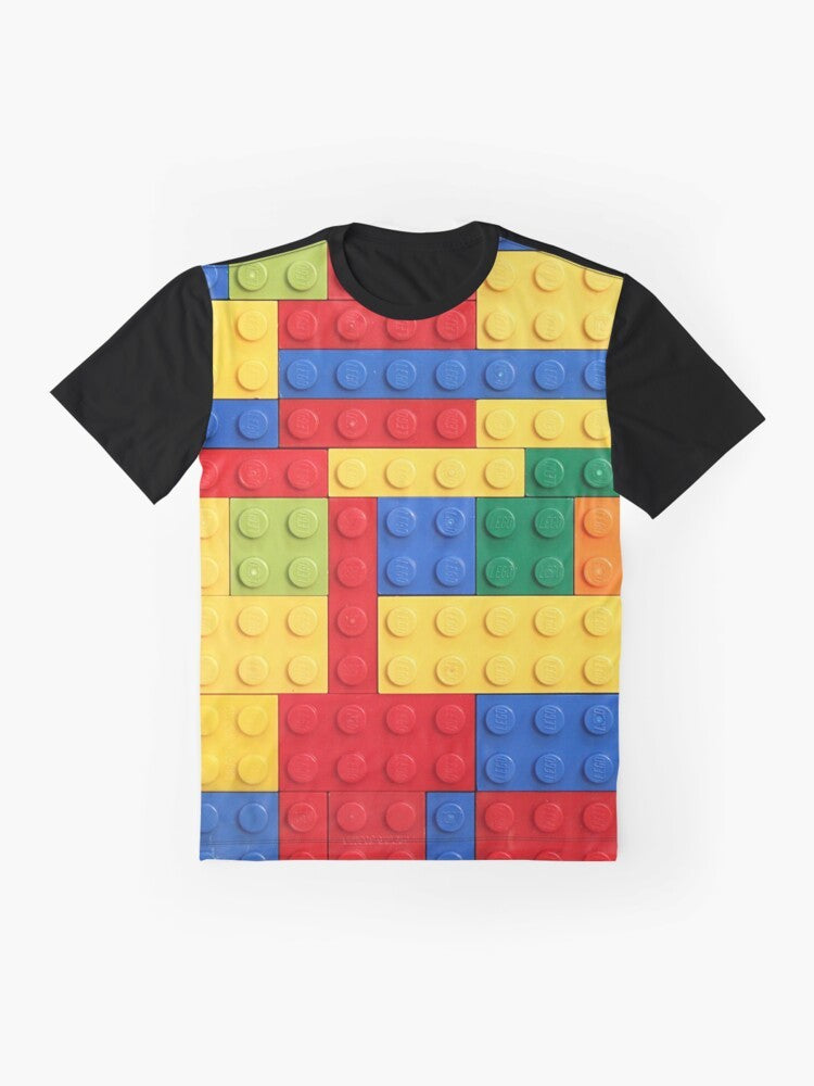 Colorful graphic t-shirt featuring a design of lego bricks in various colors and patterns - Flat lay