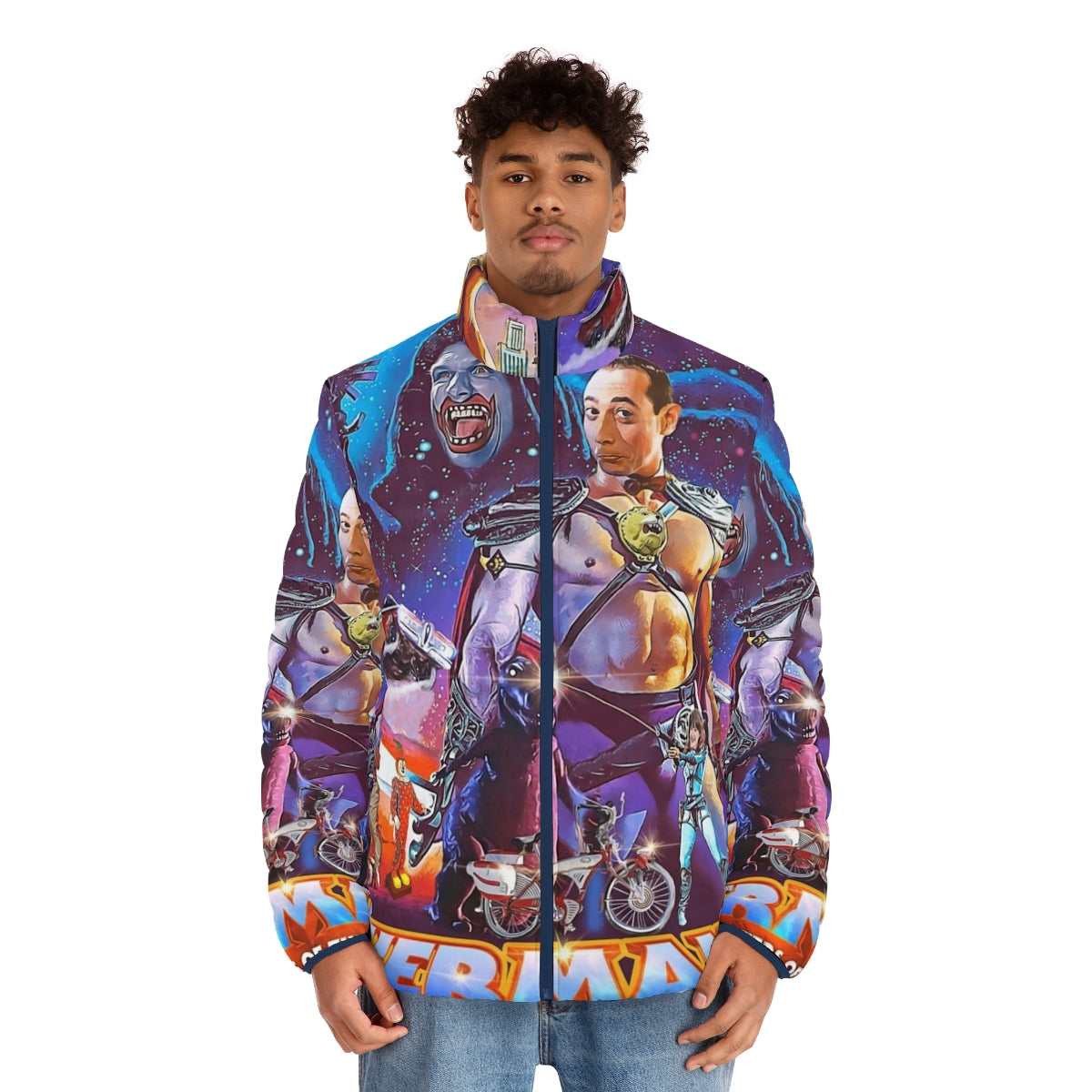 Peewee Harman-inspired puffer jacket with Masters of the Universe graphics - men front