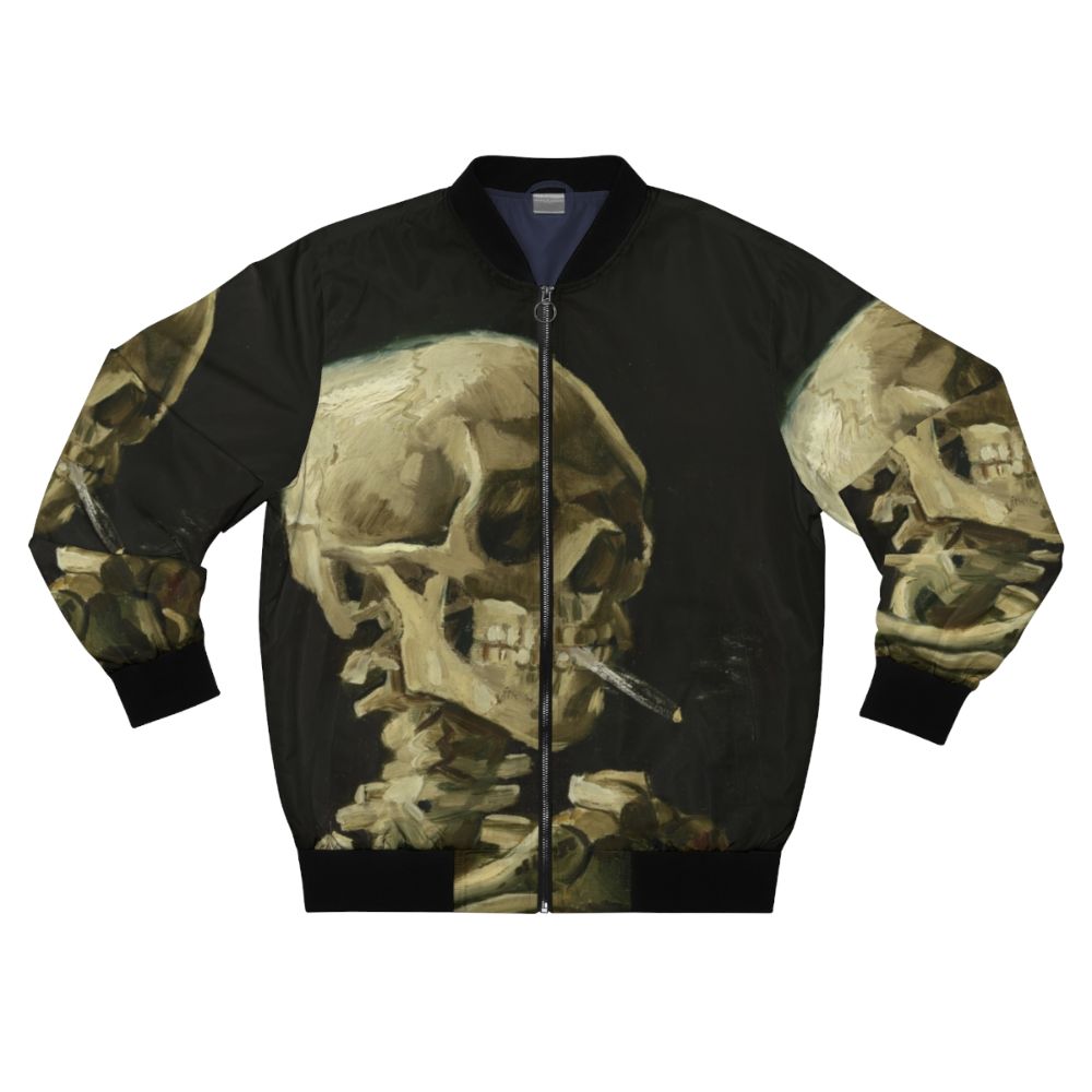 Vincent Van Gogh's famous painting 'Head of a Skeleton with a Burning Cigarette' featured on a high-quality bomber jacket.