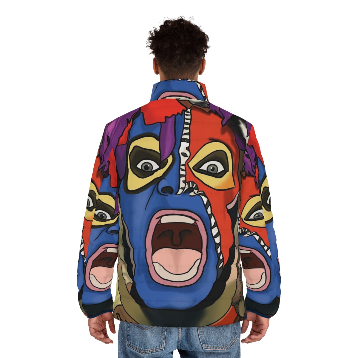 Diamond David Lee Roth inspired 80s puffer jacket with colorful feathers and retro design - men back