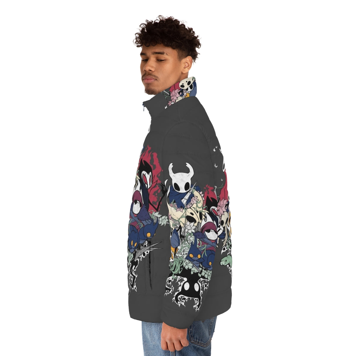 Hollow Knight Crew Neck Puffer Jacket with Hornet and Grimm Designs - men side left