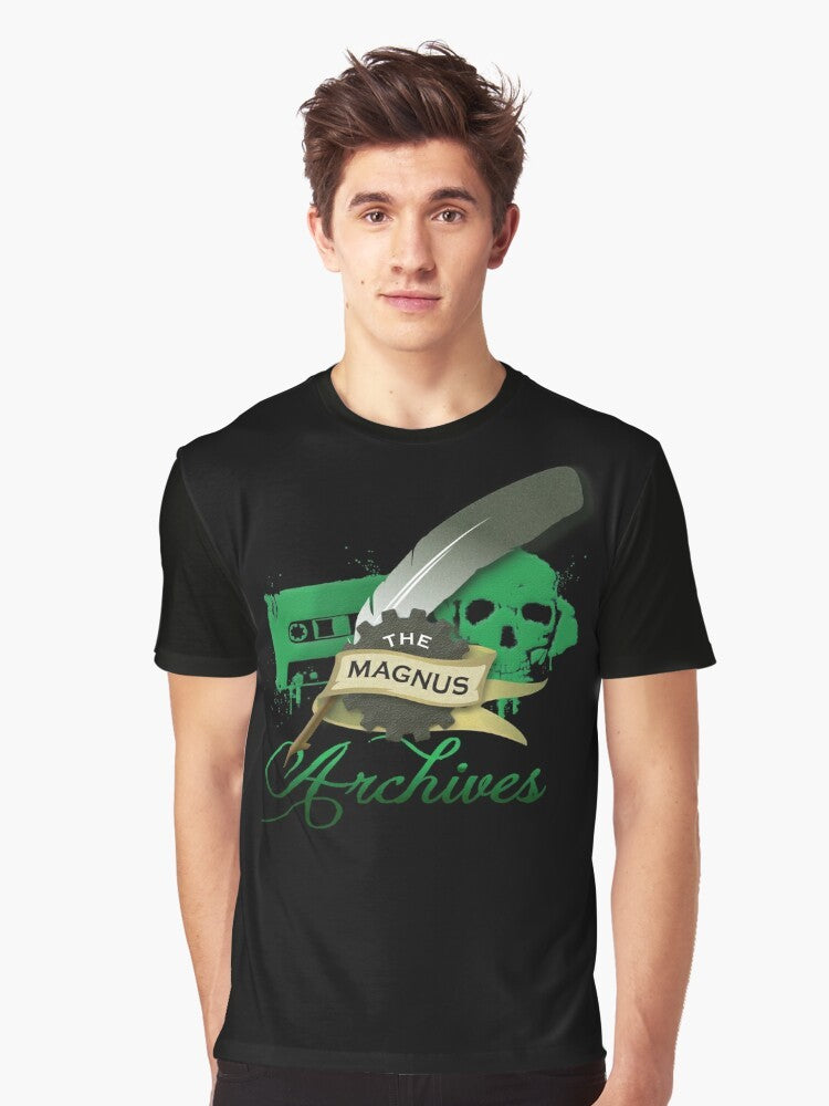 The Magnus Archives logo graphic t-shirt with cog, ink, and banner design - Men