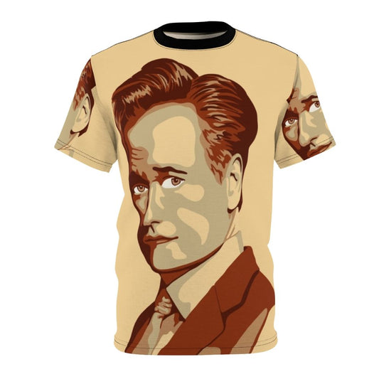 Artistic portrait of comedian Conan O'Brien on a t-shirt design