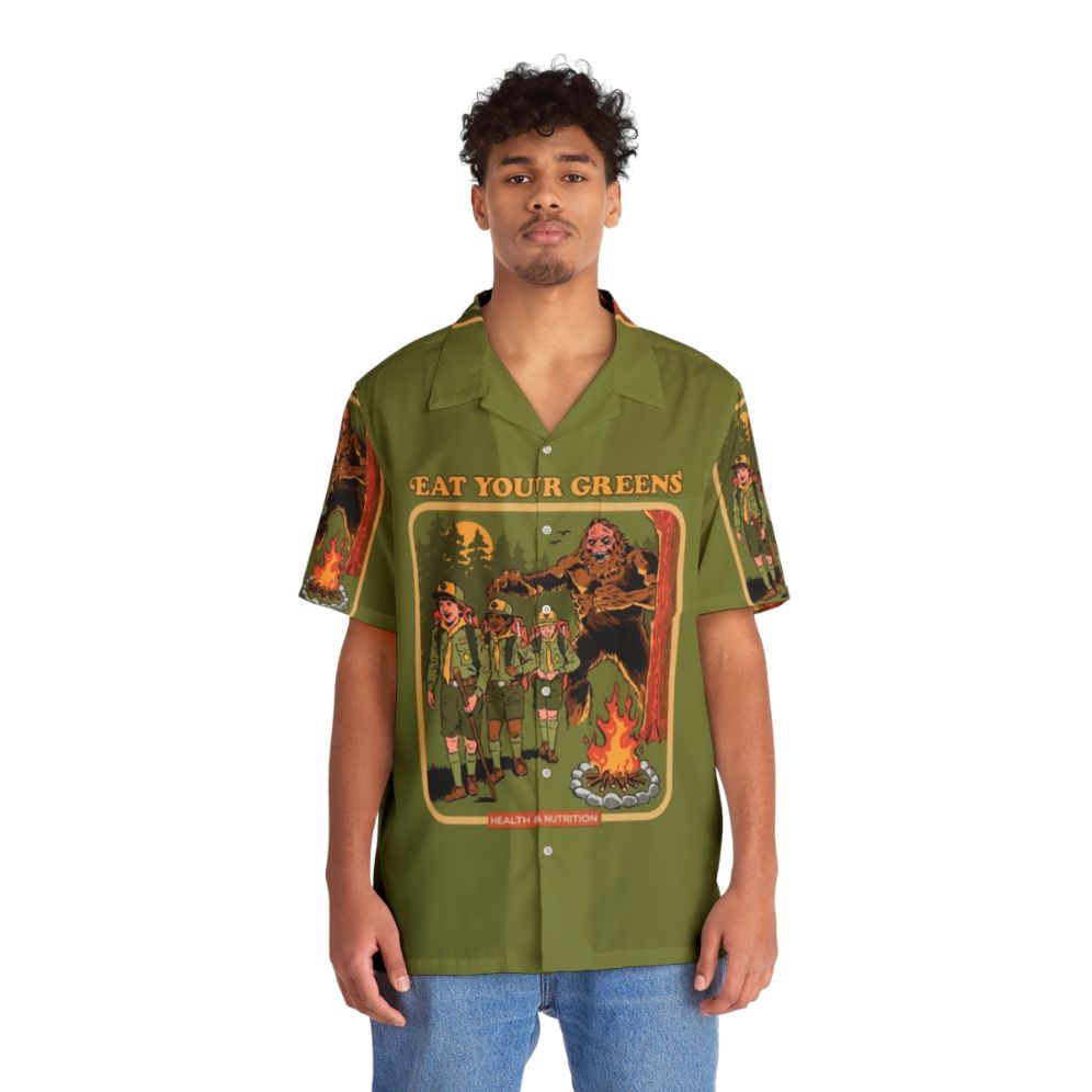 Vintage style Hawaiian shirt with nature print and humorous "Eat Your Greens" design - People Front