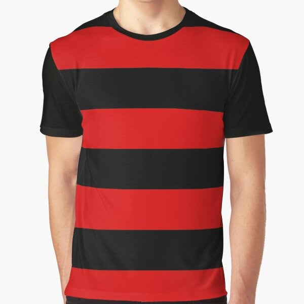 Large horizontal stripes in red and black on a graphic t-shirt