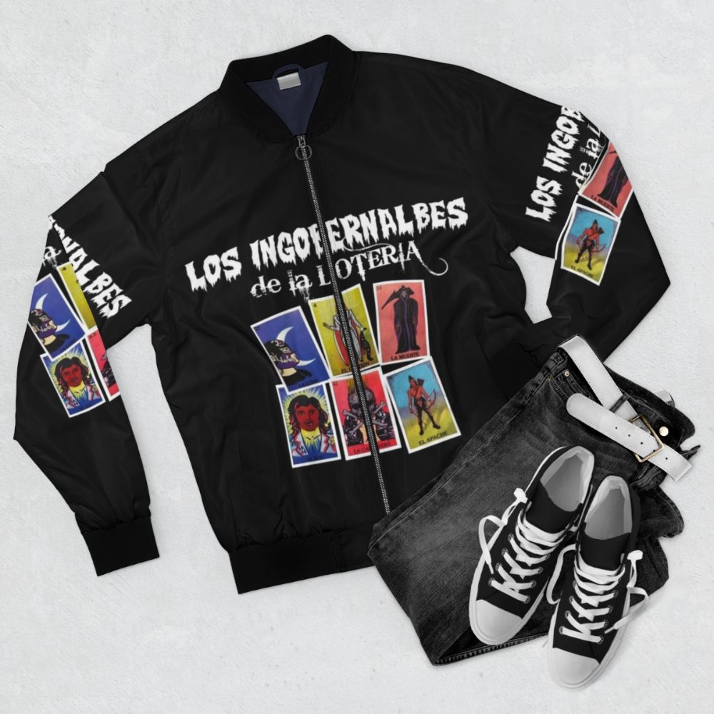 "Los Ingobernables de Japon (LIJ) Bomber Jacket with NJPW pro wrestling graphics and designs" - Flat lay