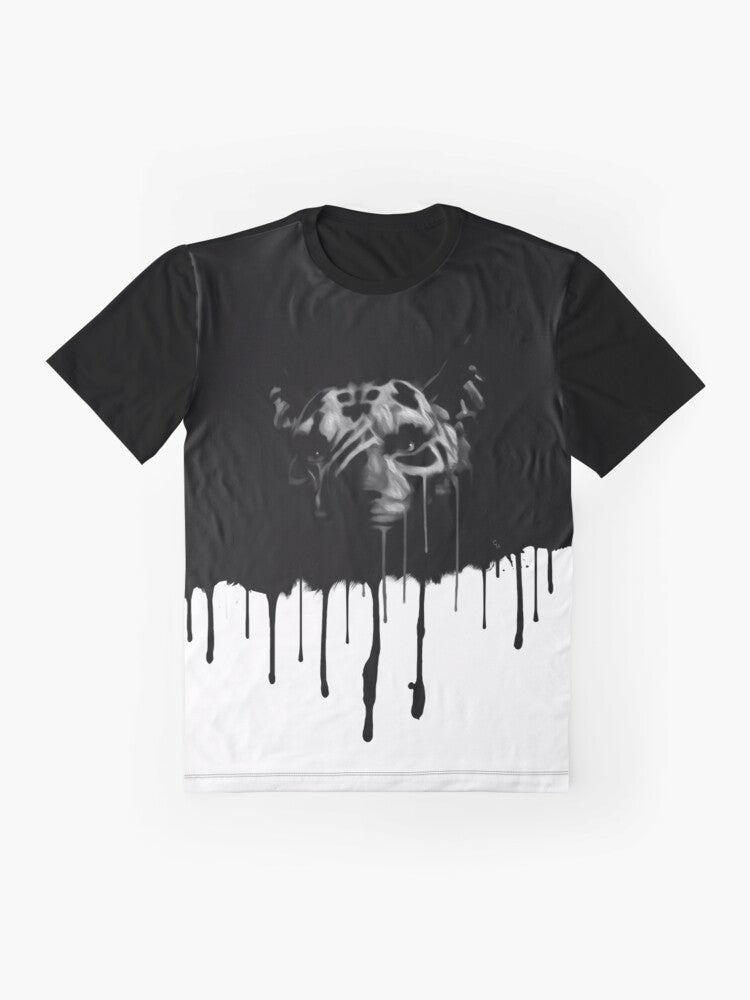 Inigo graphic t-shirt with a messy, splatter design in black and white - Flat lay