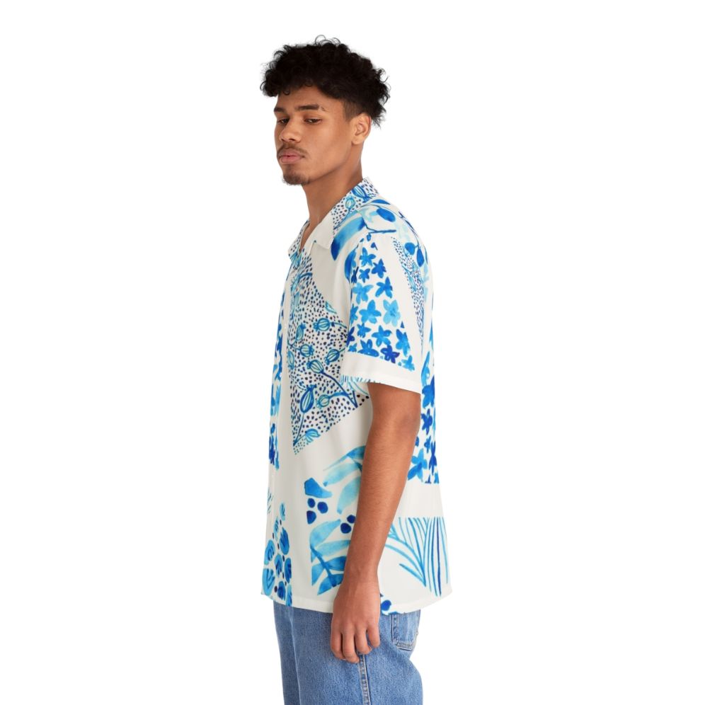 Blue abstract pattern Hawaiian shirt with nature-inspired design - People Left