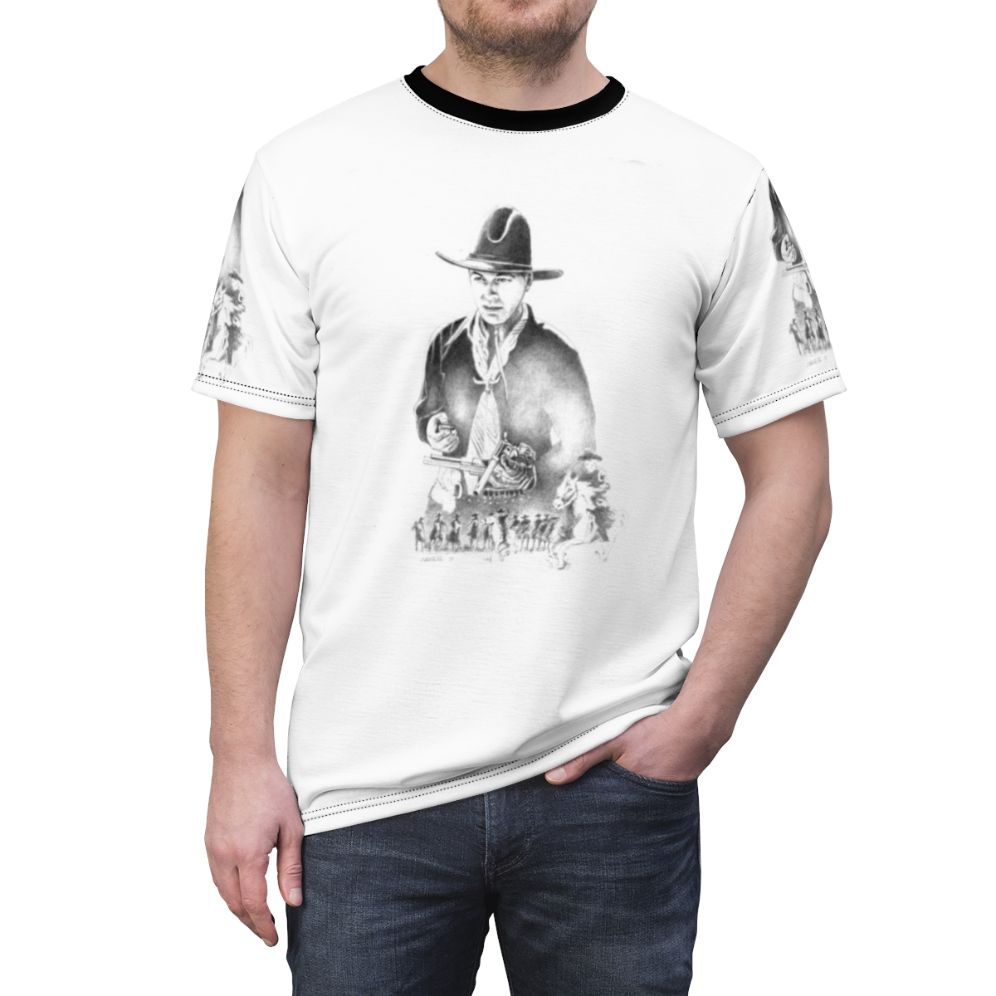 Vintage-style graphic t-shirt featuring a black and white illustration of Hopalong Cassidy, the iconic cowboy character from classic Western TV shows and films. - men front