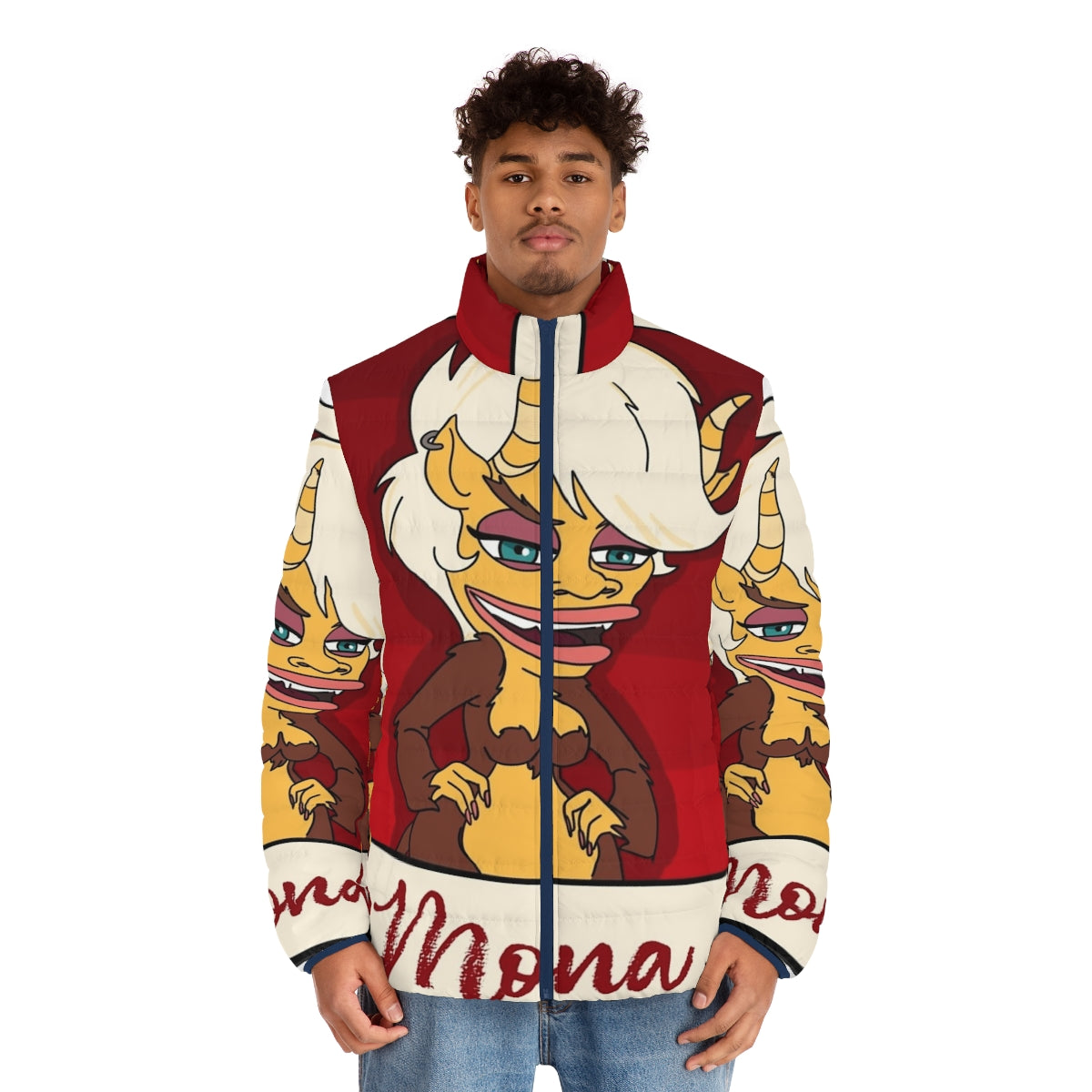 Big Mouth Hormone Monster Mona Puffer Jacket with anime-inspired design - men front